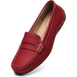 Kordal Women's Red Leather Comfortable & Lightweight Penny Loafers Flats